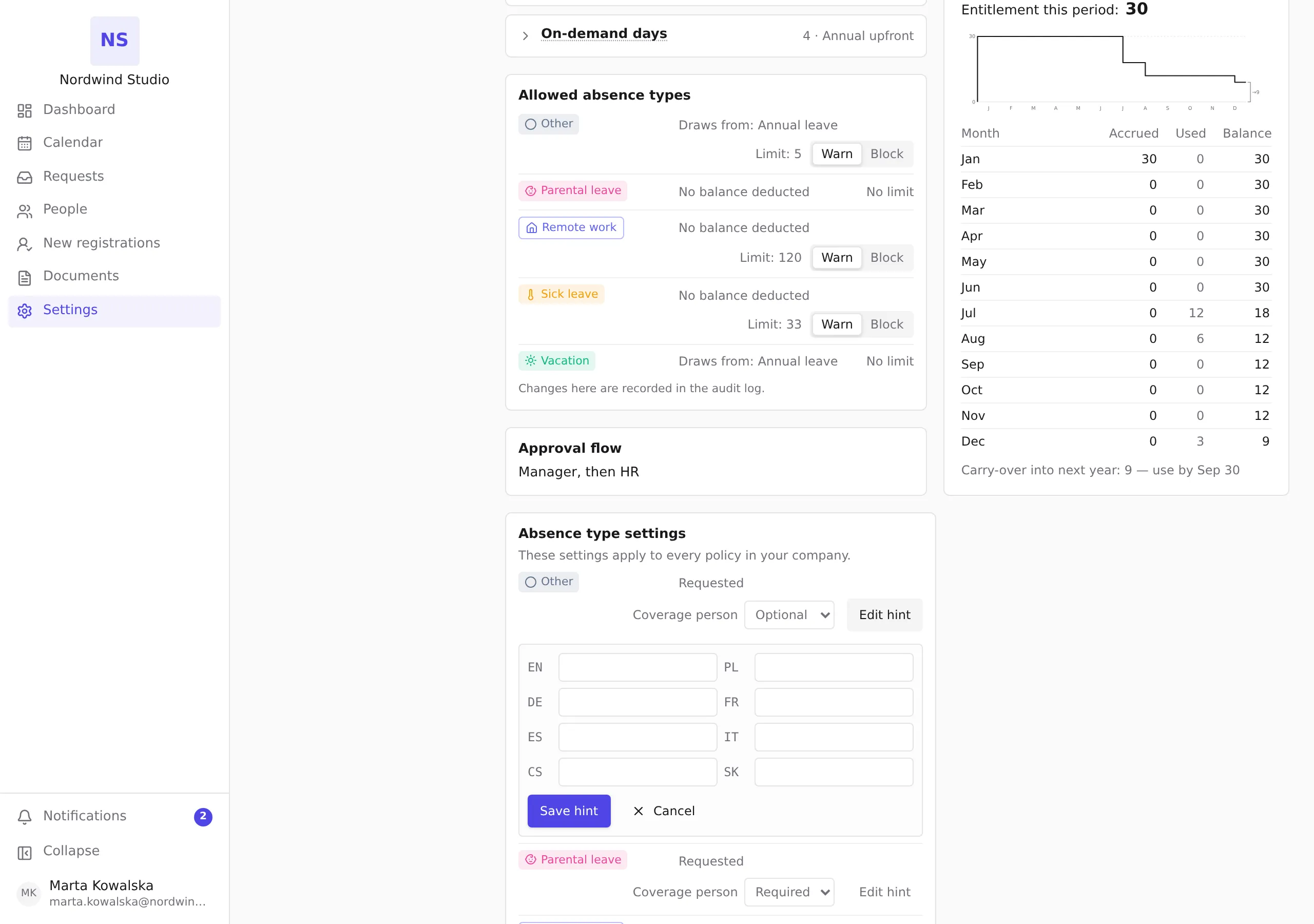 The Edit hint form with one field per interface language and Save hint