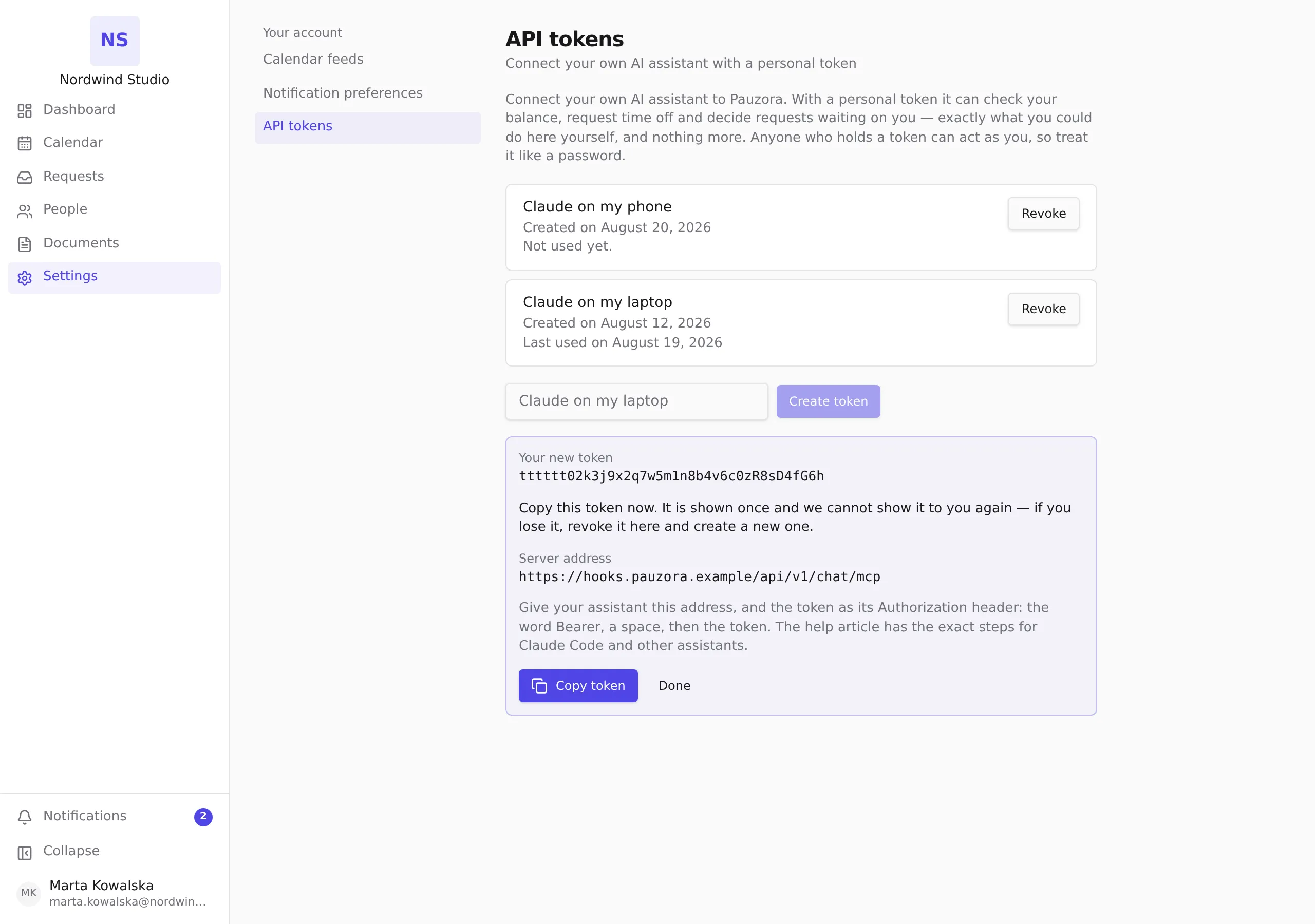 The new token, shown once, with the server address beneath it — Settings → Your account → API tokens