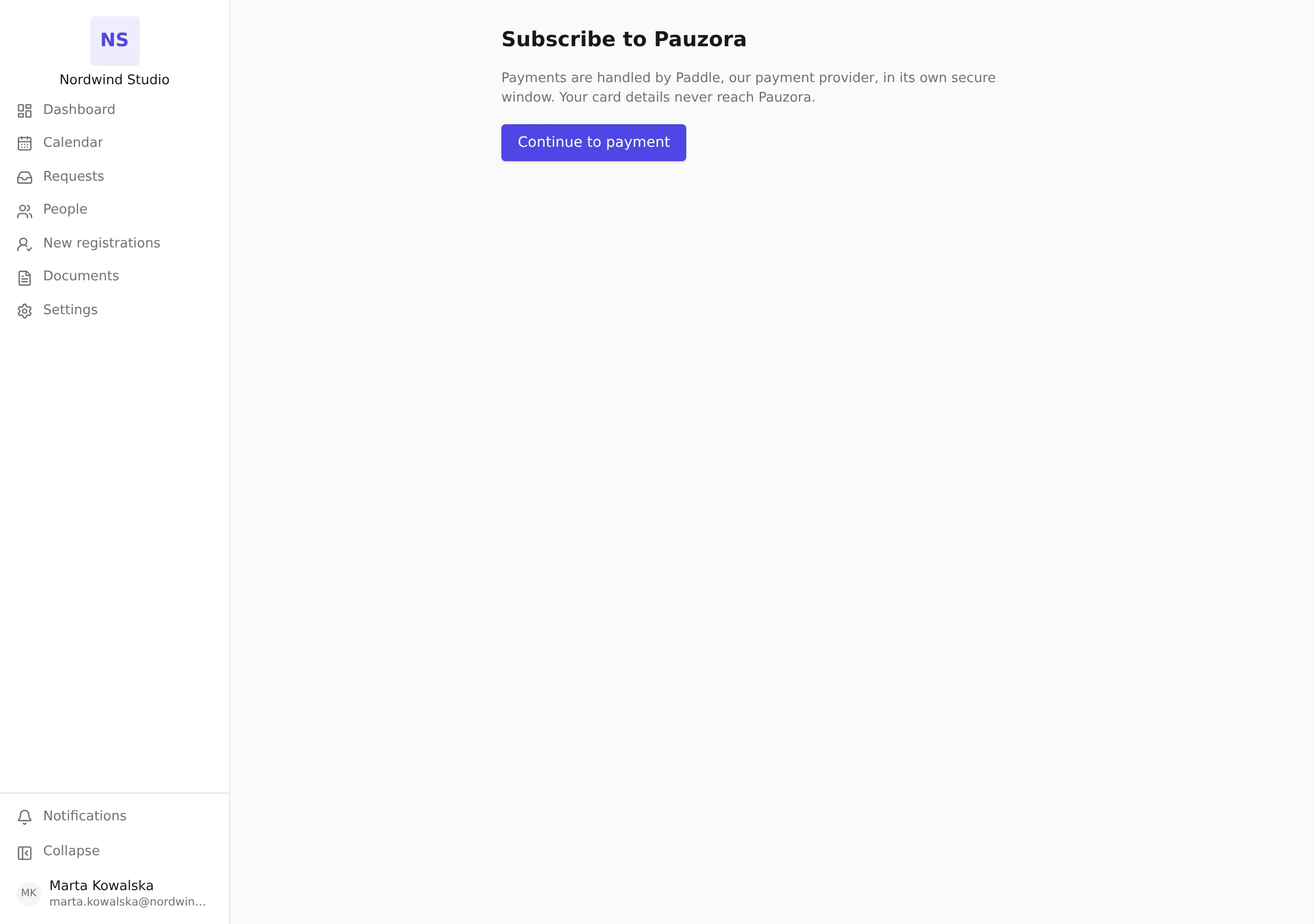 The Subscribe to Pauzora page with the Continue to payment button