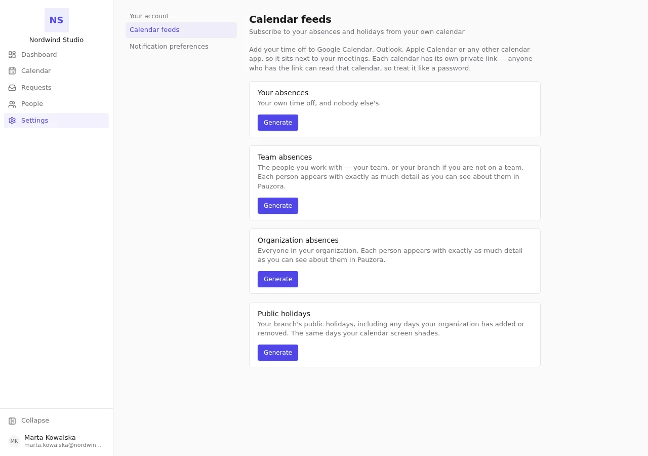 The four calendars offered in Settings → Your account → Calendar feeds