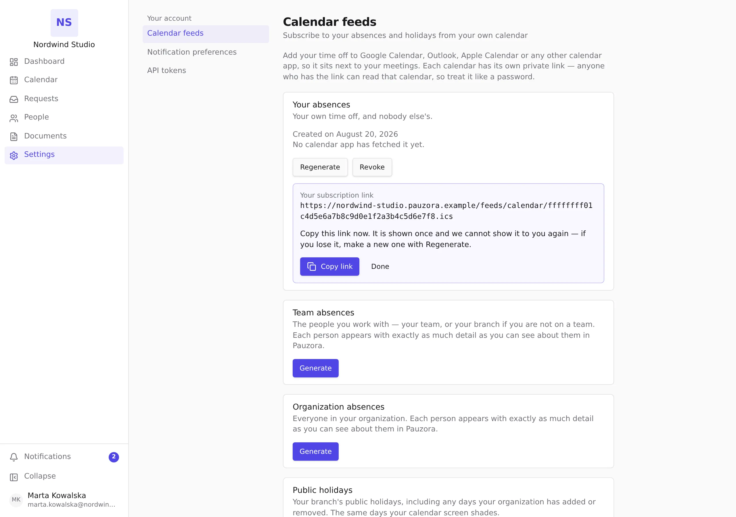 The subscription link, shown once, under Your absences in Settings → Your account → Calendar feeds