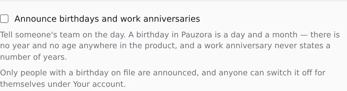 The Announce birthdays and work anniversaries switch in Settings → Organization → Notifications
