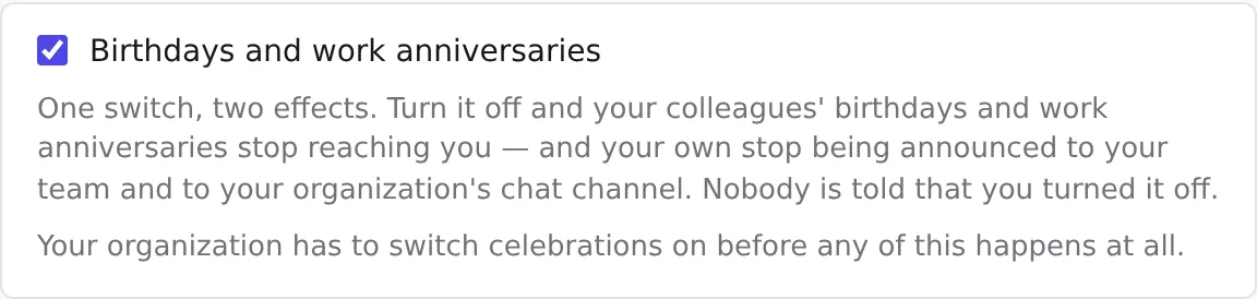 The Birthdays and work anniversaries switch in Settings → Your account → Notification preferences, with the two effects spelled out beneath it