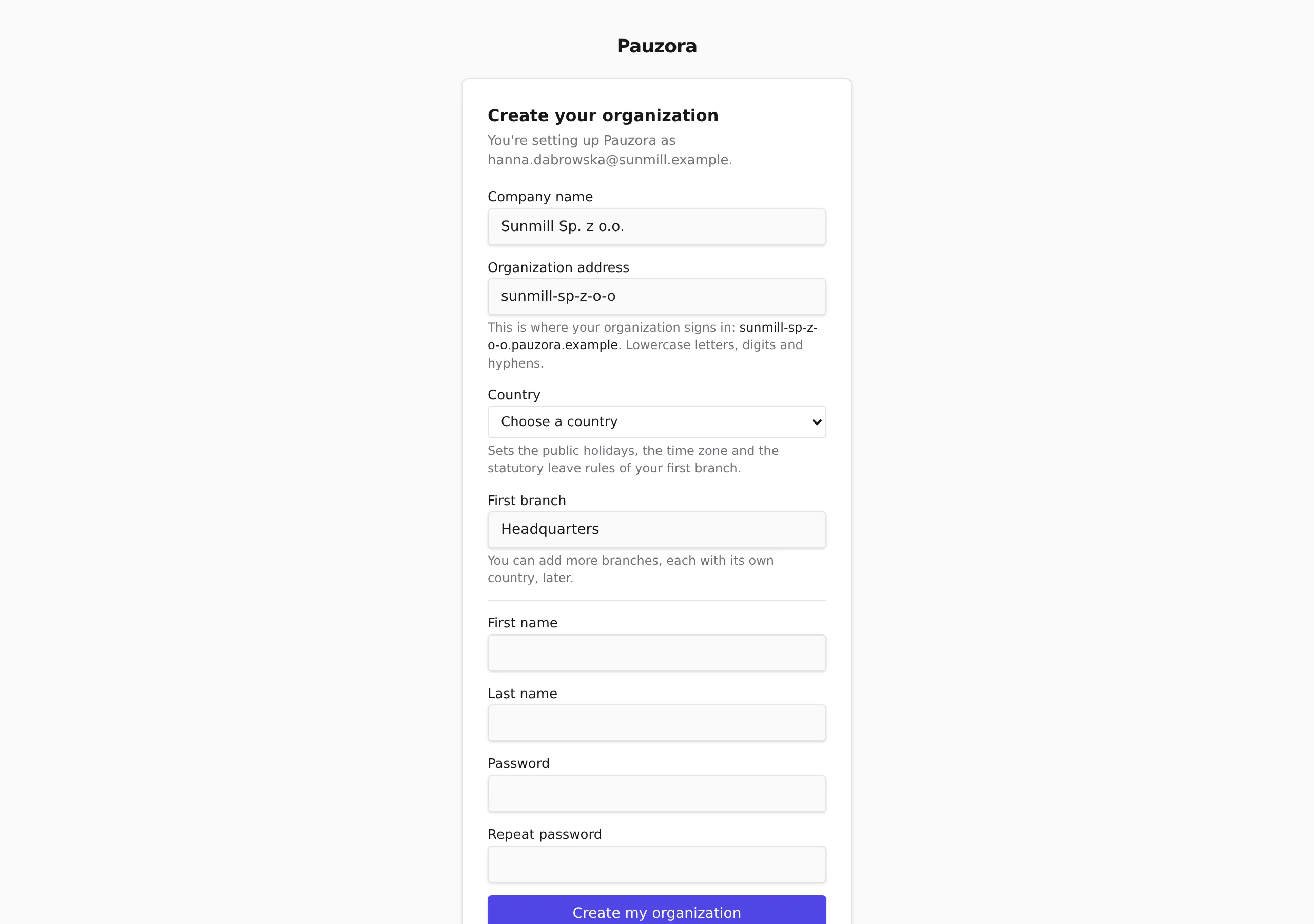 The completion form with the suggested organization address and a preview of the web address it becomes
