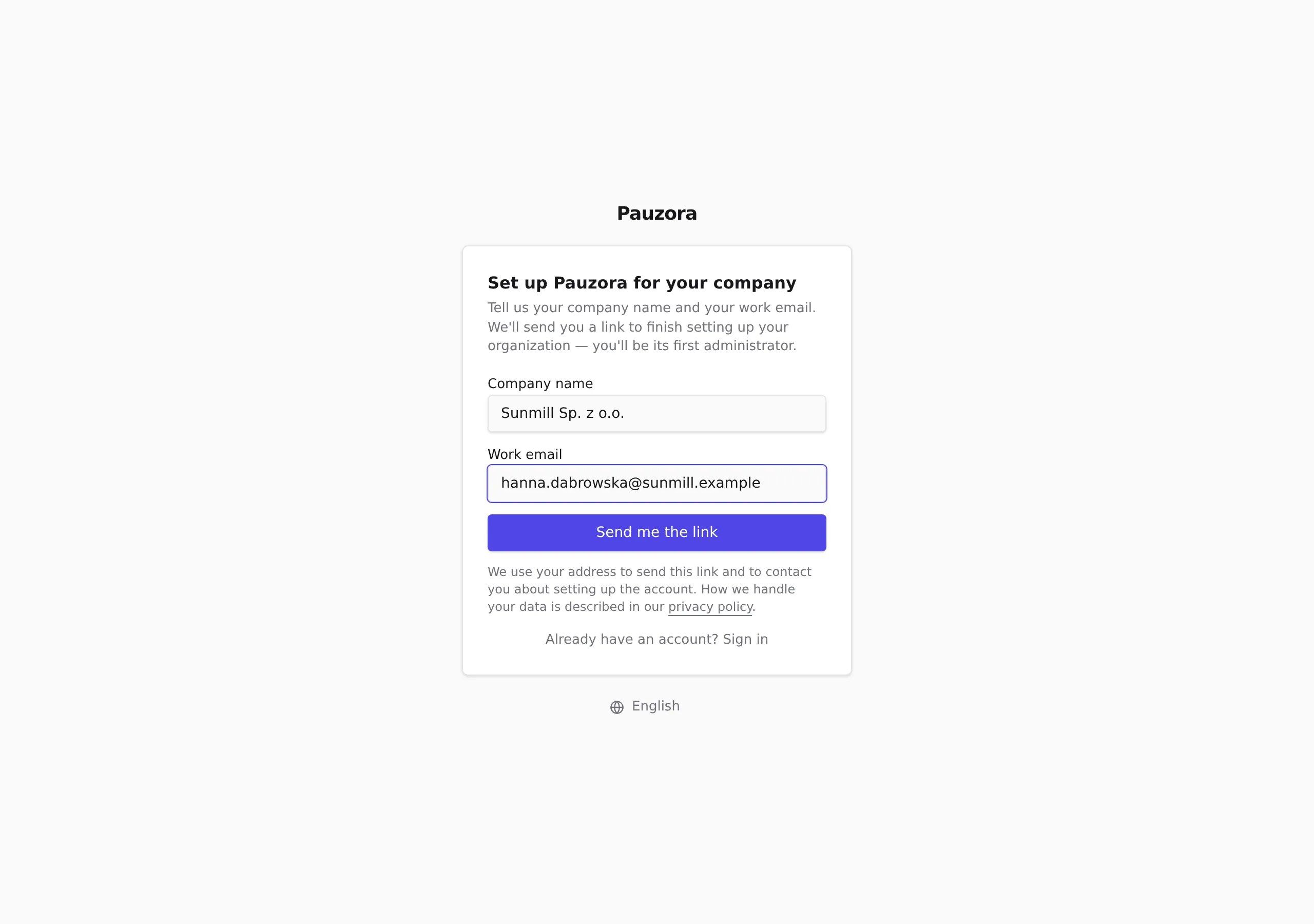 The company-signup page with the Company name and Work email fields above the privacy notice