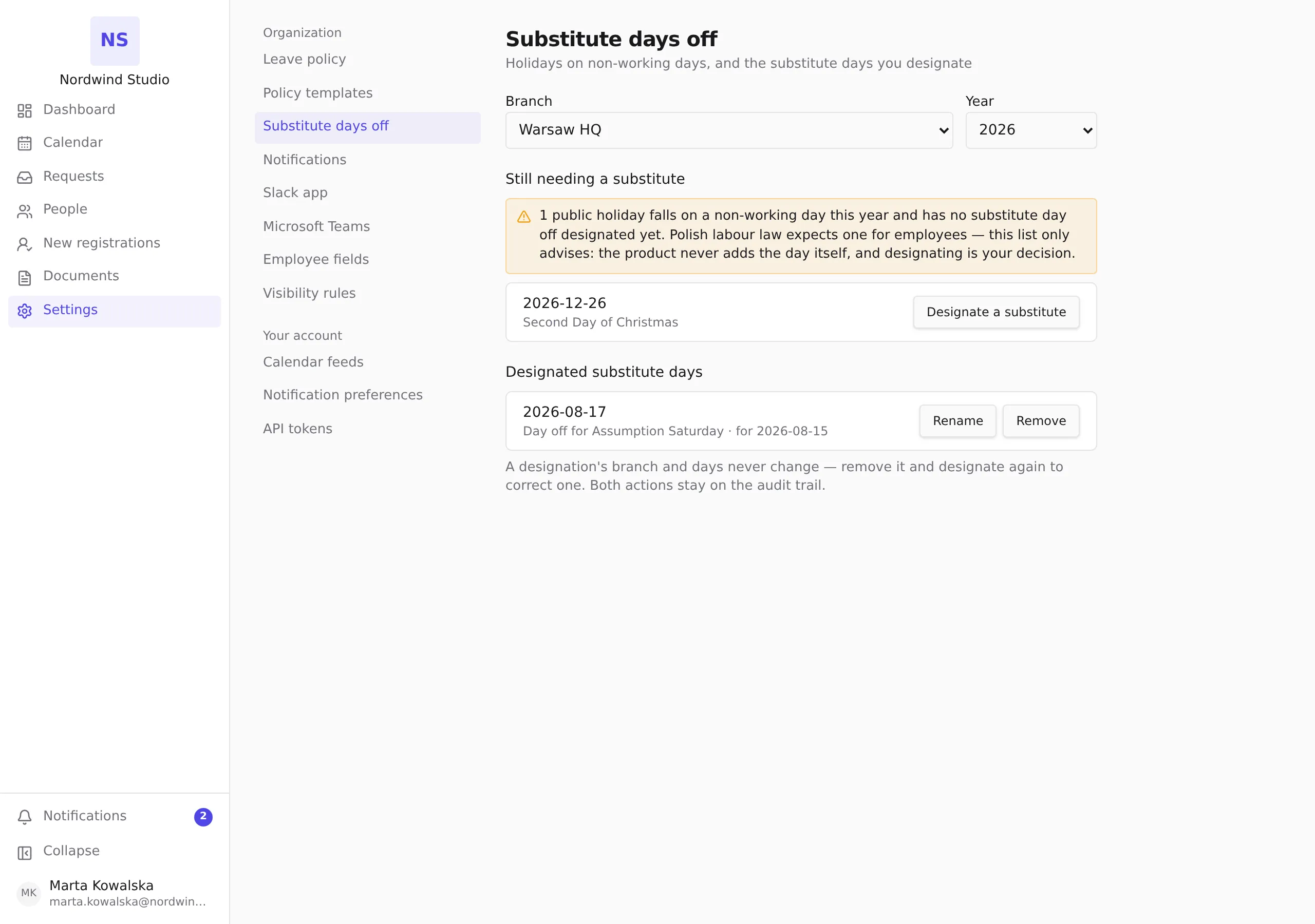 The Substitute days off section: the advisory list and a designated day