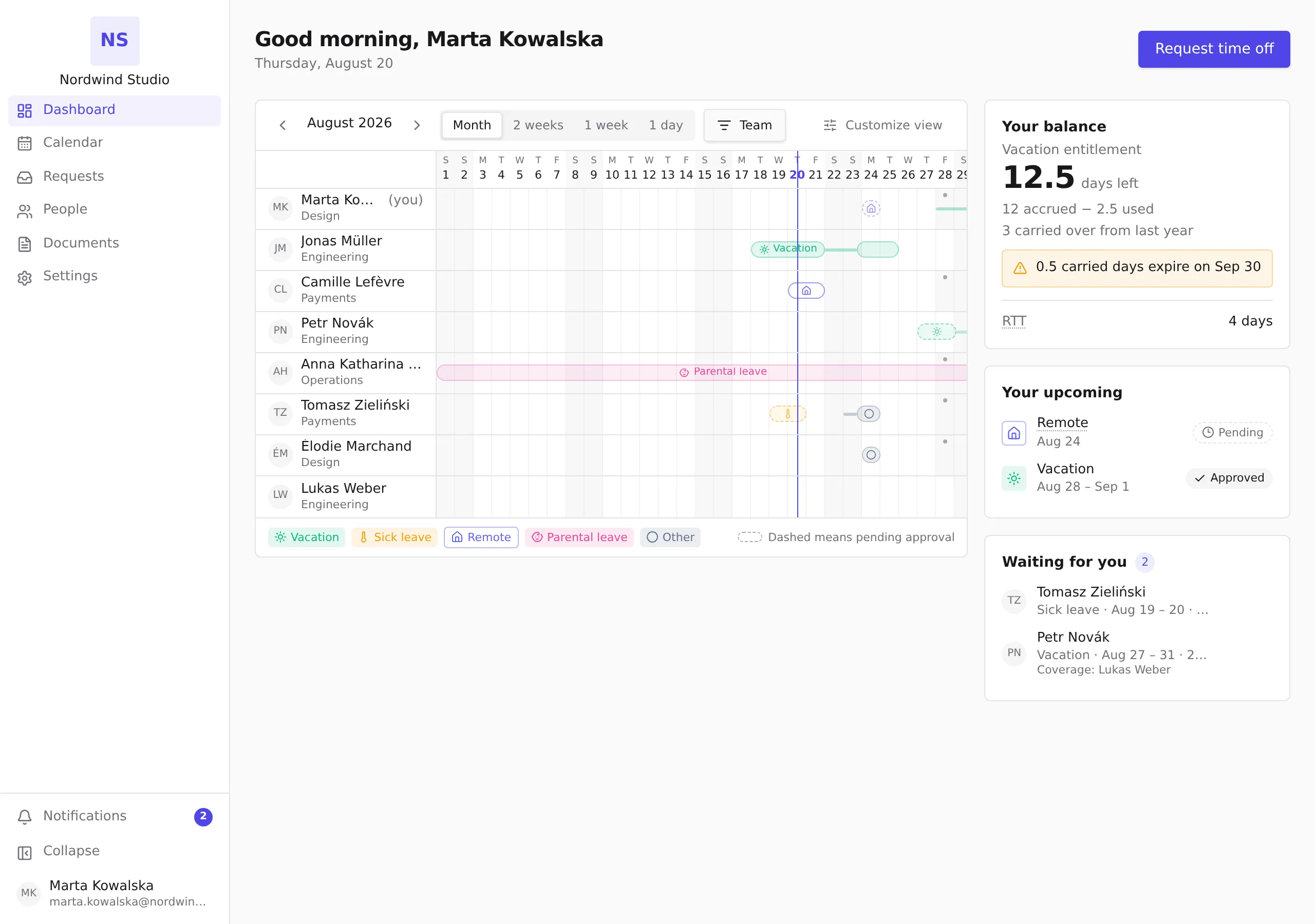 The dashboard with the team calendar in Month view, the balance panel and upcoming absences