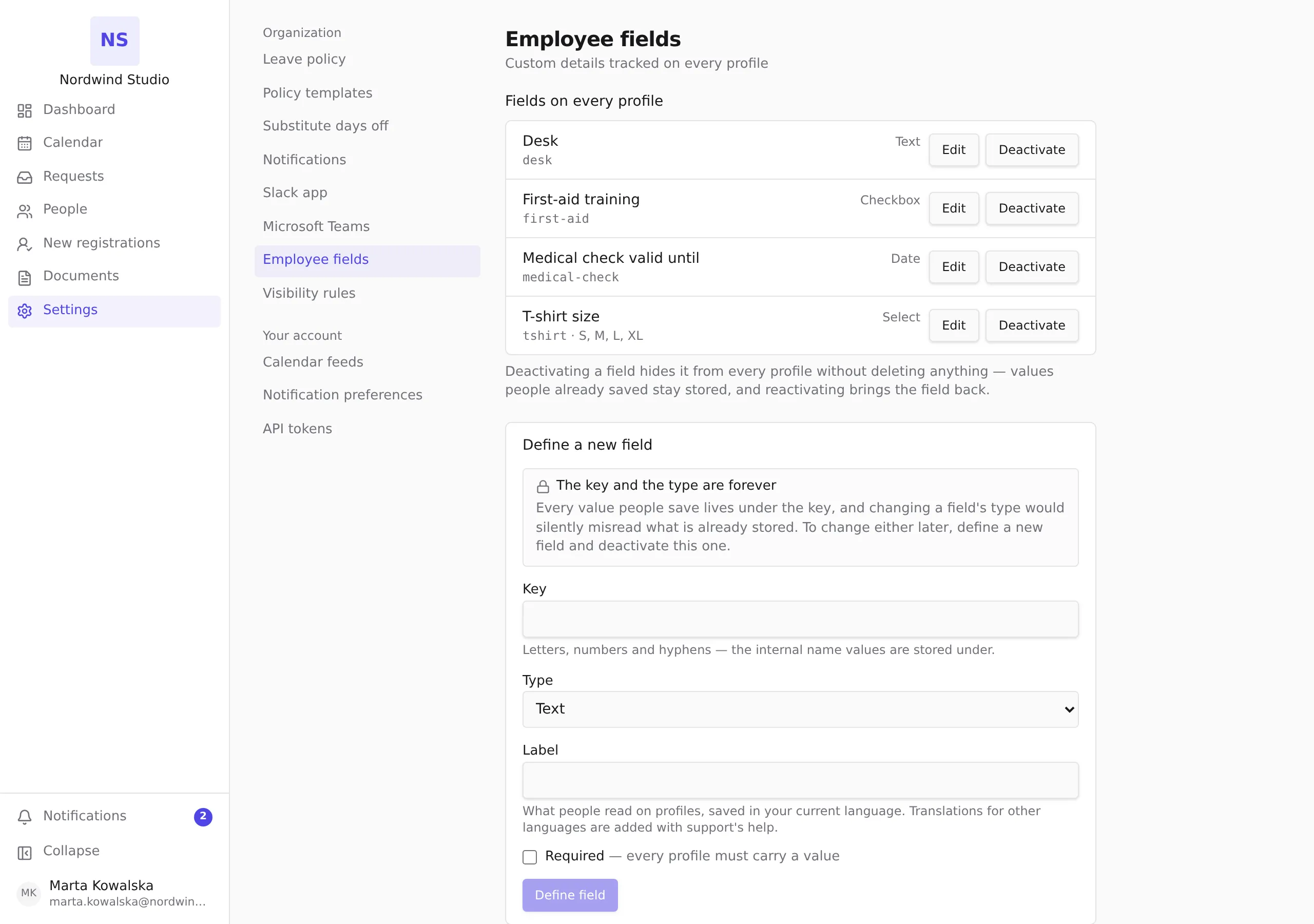 The Employee fields section: the current fields with their management buttons, and the definition form