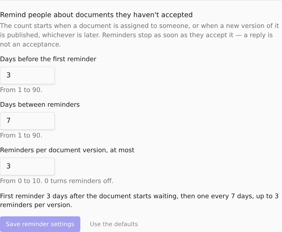 The Remind people about documents they haven't accepted settings in Settings → Organization → Notifications, with the three numbers and the sentence describing the schedule