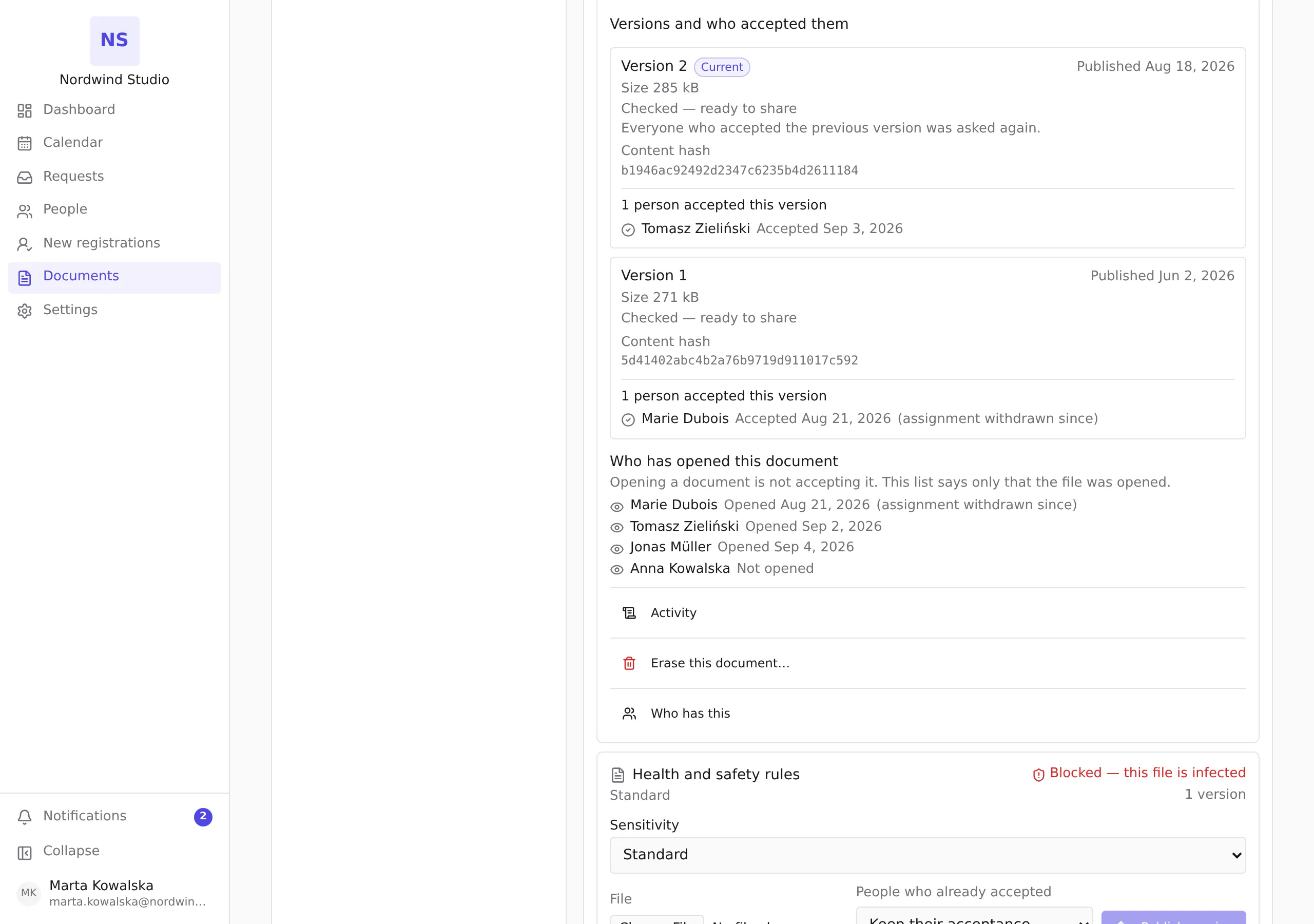 A document's version history: each version with its size and content hash, the people who accepted that version, and a separate list of who has opened the document