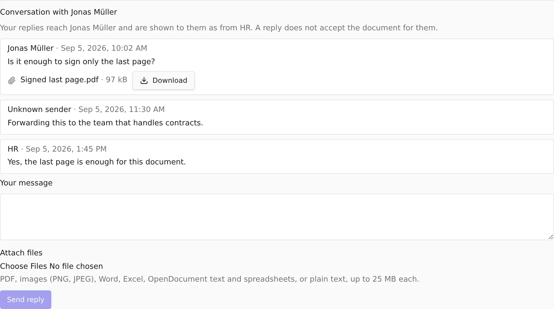 A conversation with an employee about a document: their question with a signed page attached, a message from an unknown sender, and HR's answer