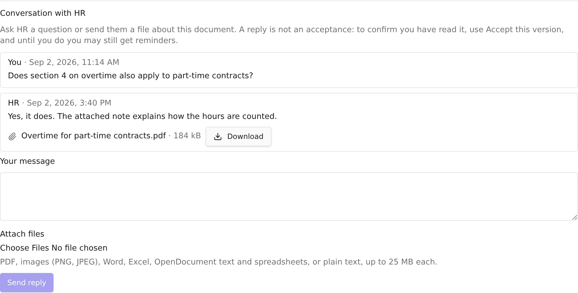 The Conversation with HR on an opened document: your question, HR's answer with a file, and the form for a new message