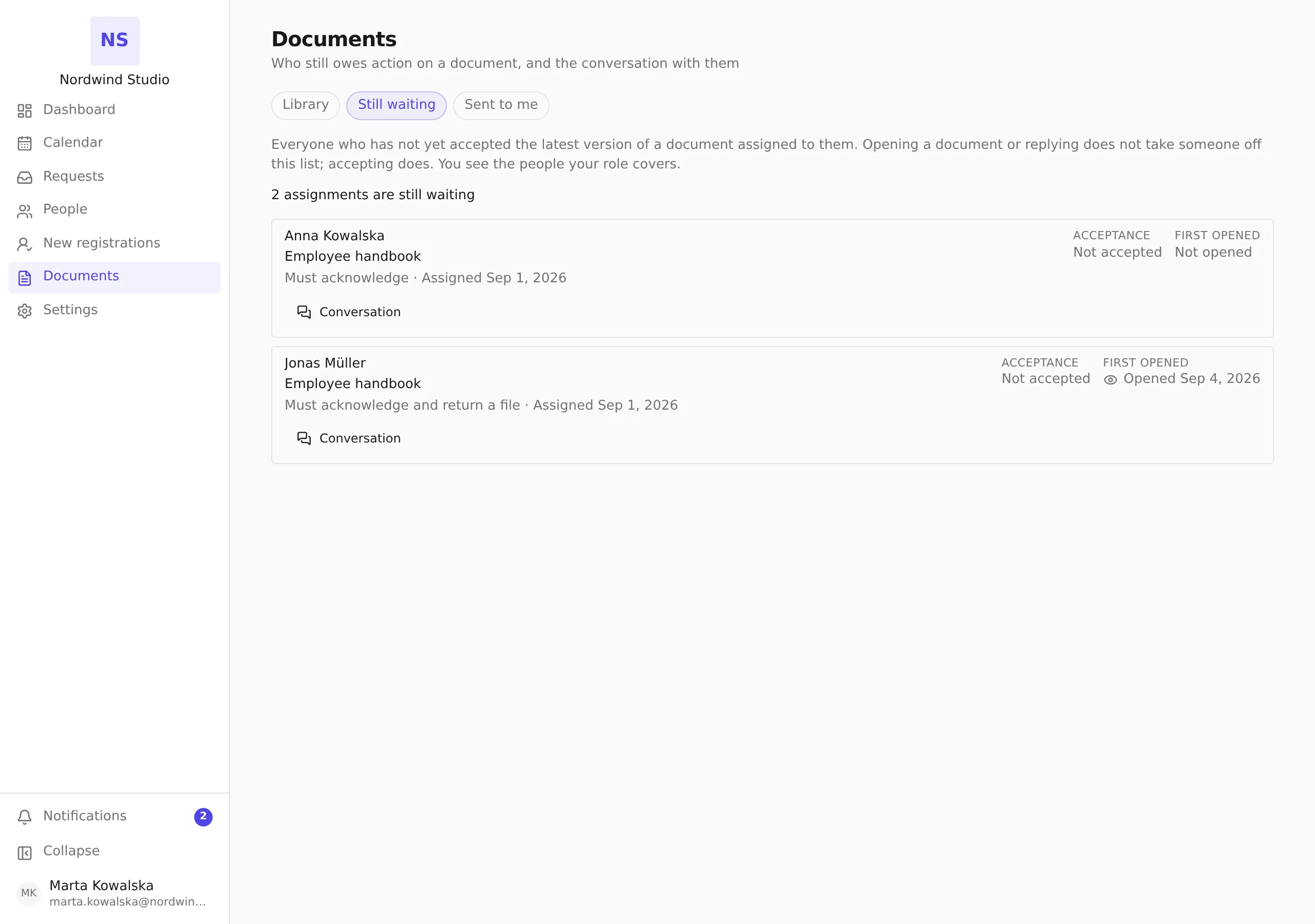 The Still waiting tab: each person who has not accepted the latest version of a document, with what they owe, when it was assigned, and whether they have opened it