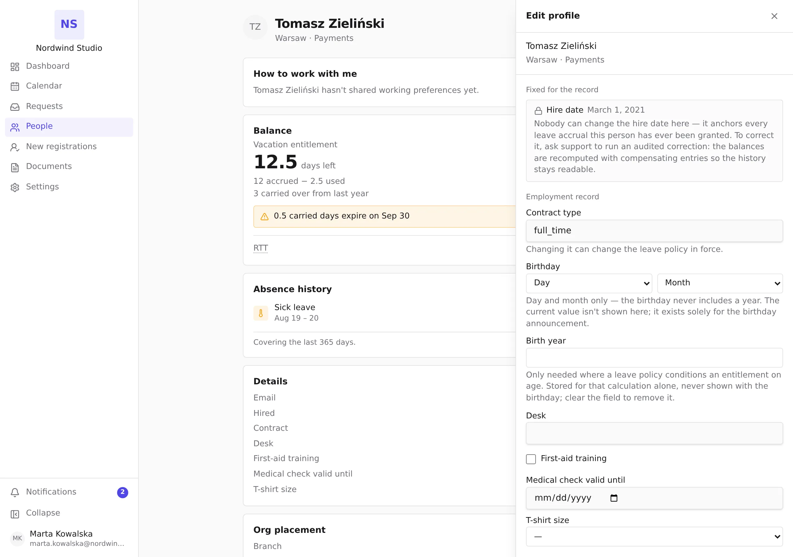 The Edit profile panel, with the employment record fields and the fixed hire date