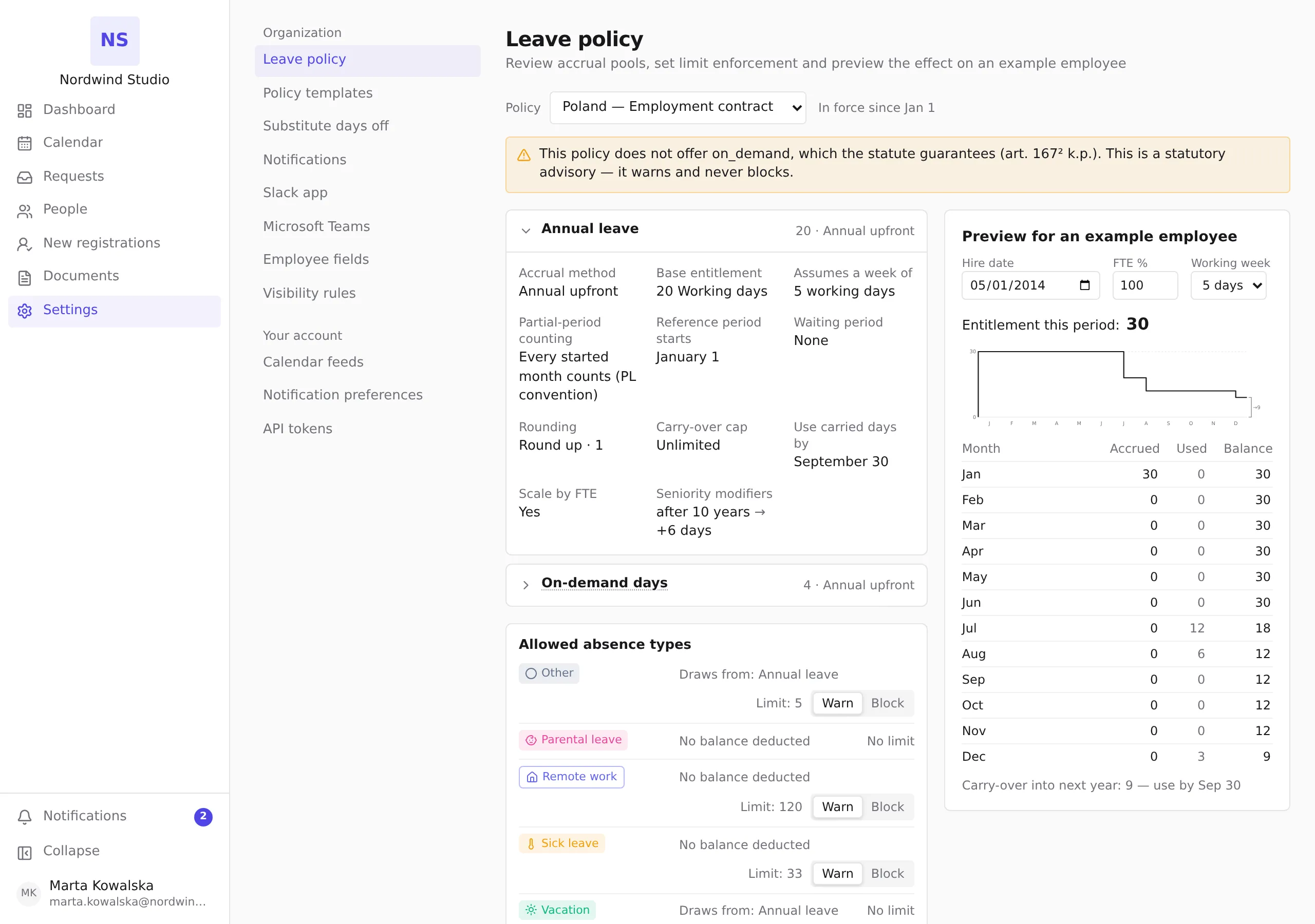 The Leave policy page with the policy selector, a statutory advisory, accrual pools, allowed types and the example-employee preview
