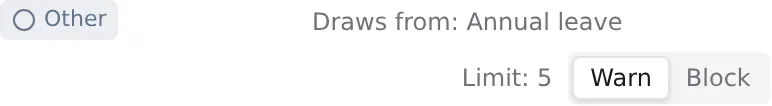 A limited type's row with its limit and the Warn / Block toggle