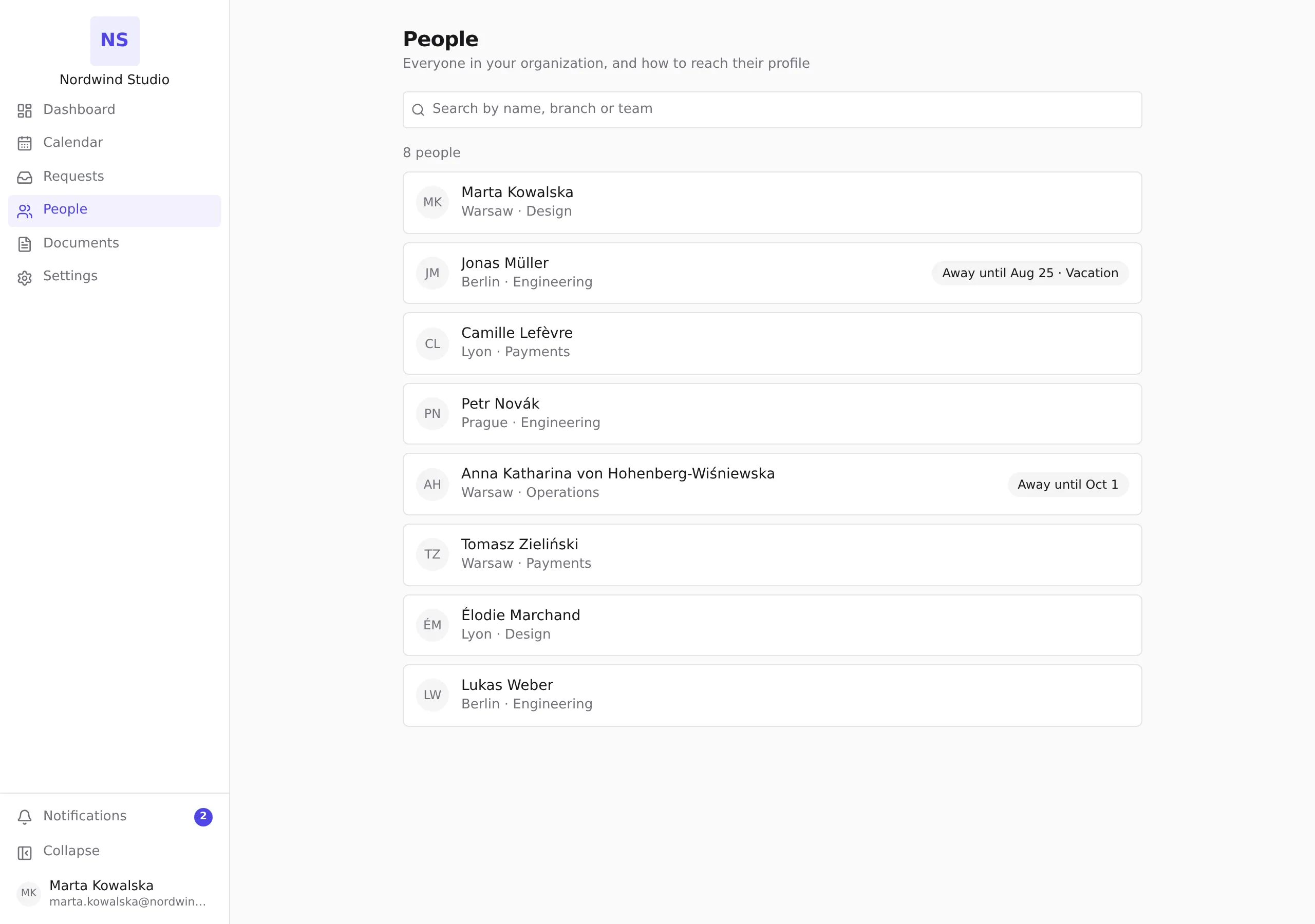 The people directory with the search box and the list of colleagues