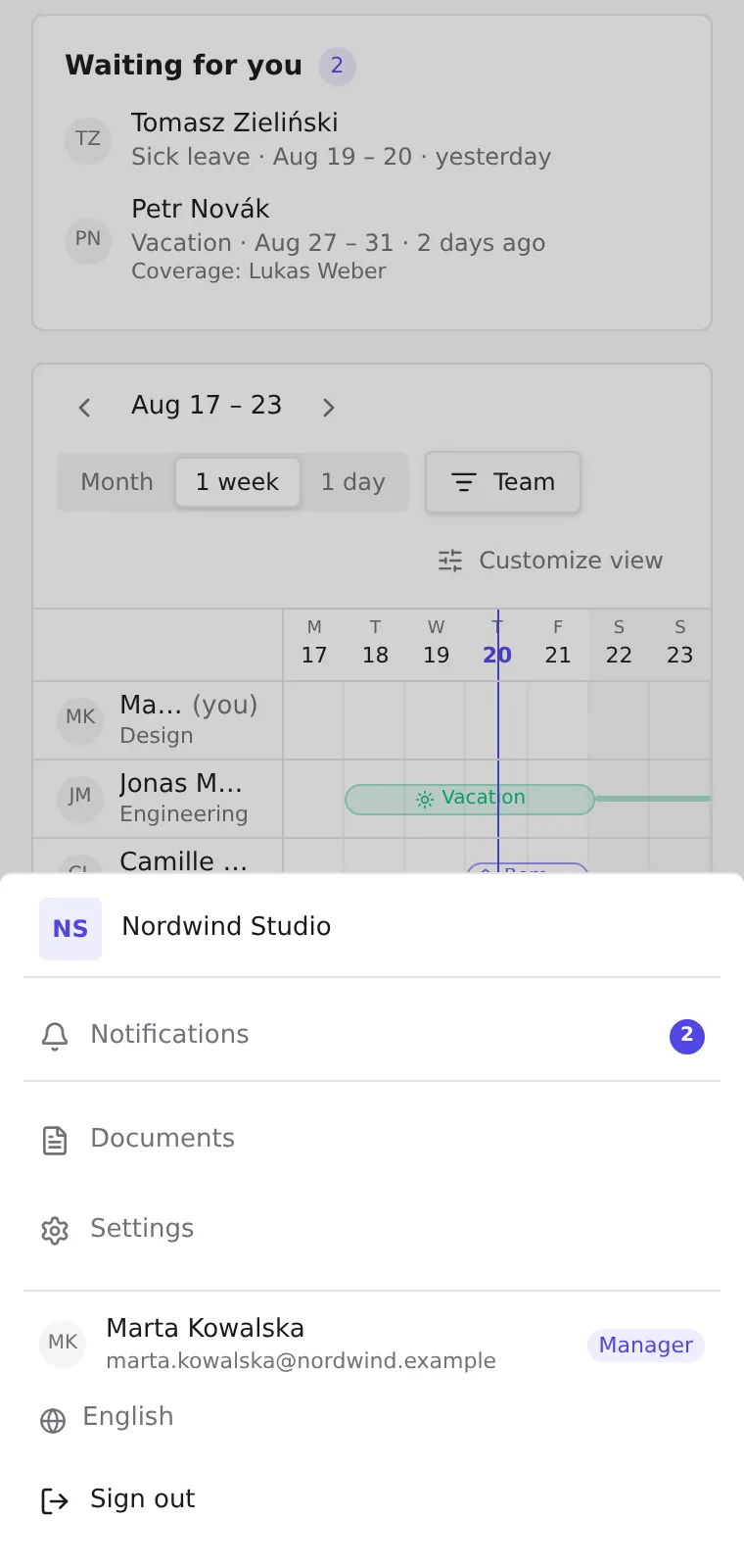 The More panel with your account, the language picker and Sign out