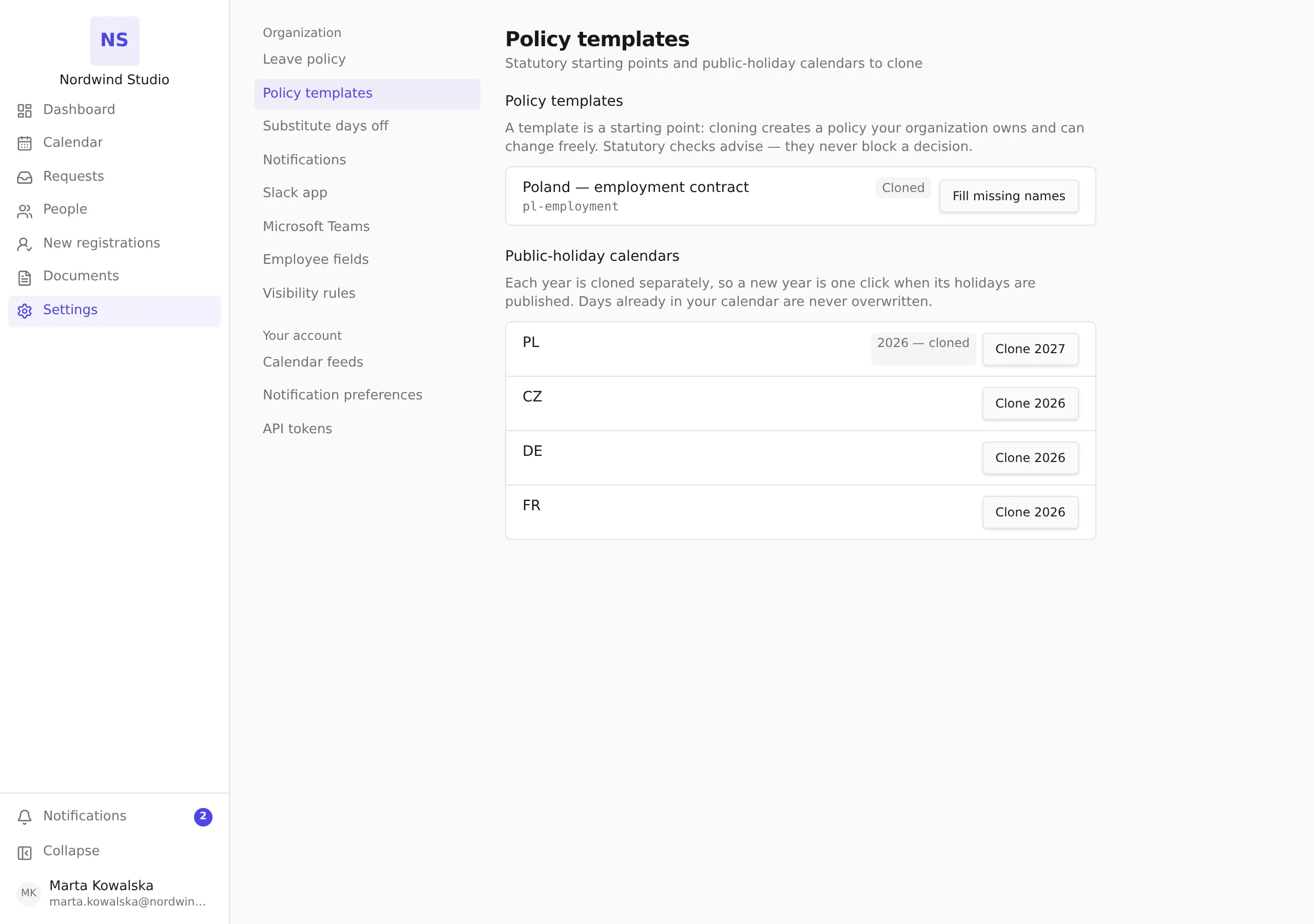 The Policy templates section: the template with its cloned state, and the holiday years