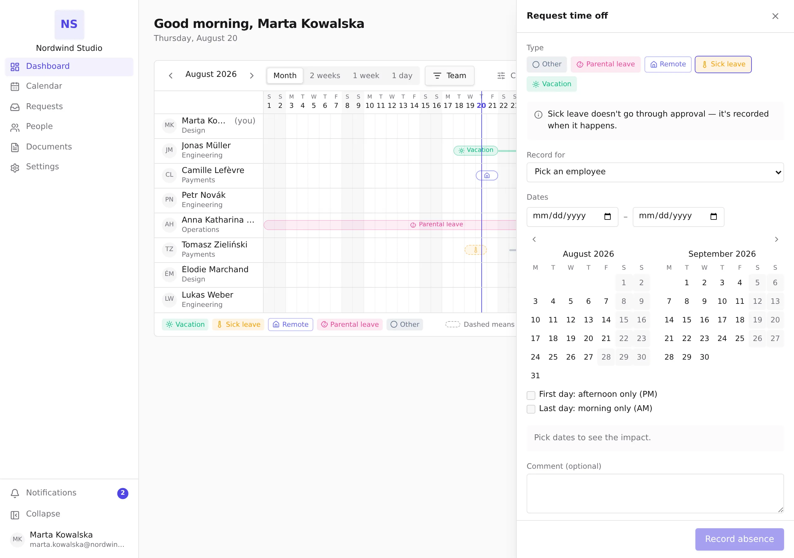 The sheet in recording mode with the reported type selected, the Record for picker and Record absence