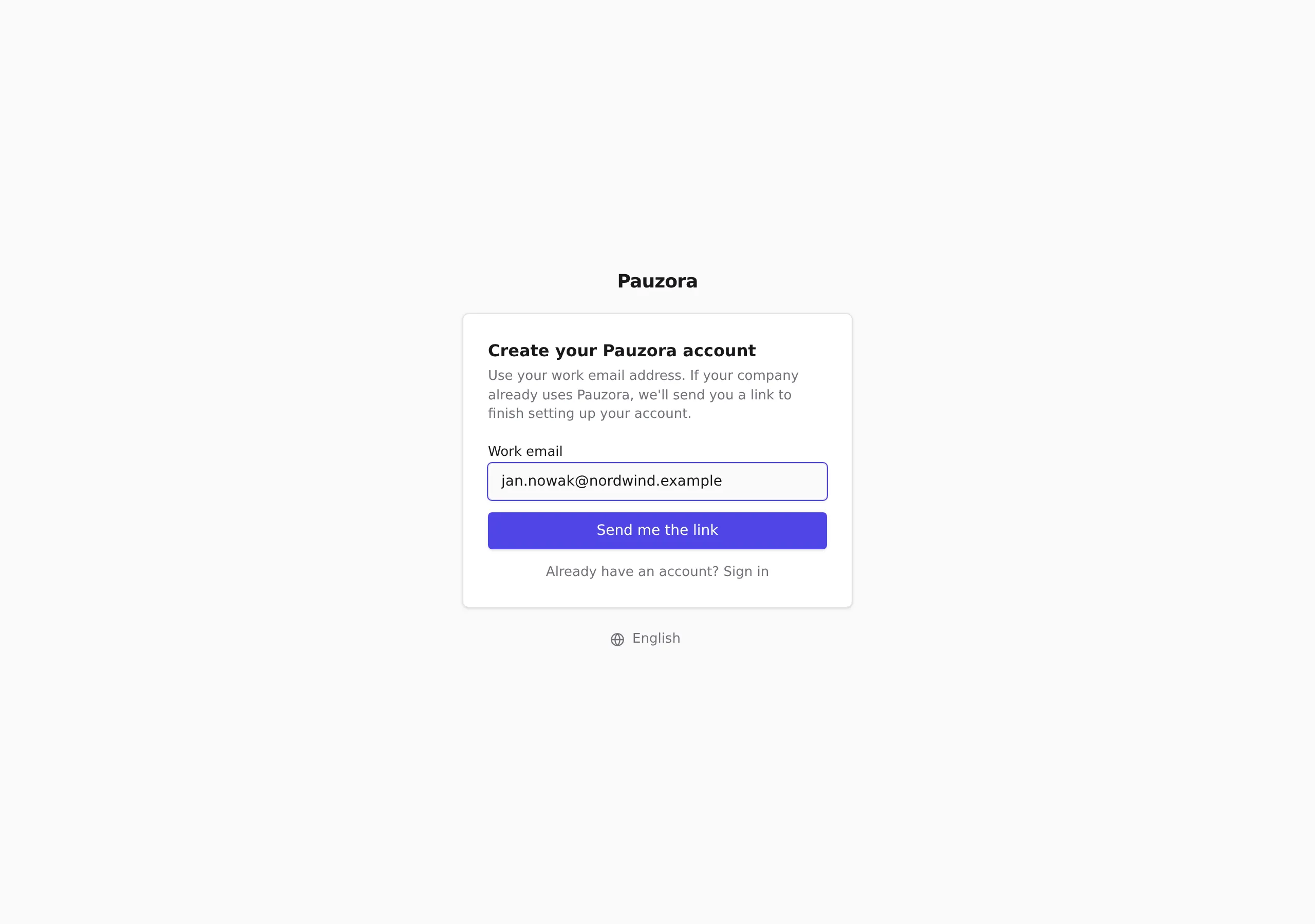 The registration page with the work-email field and the Send me the link button