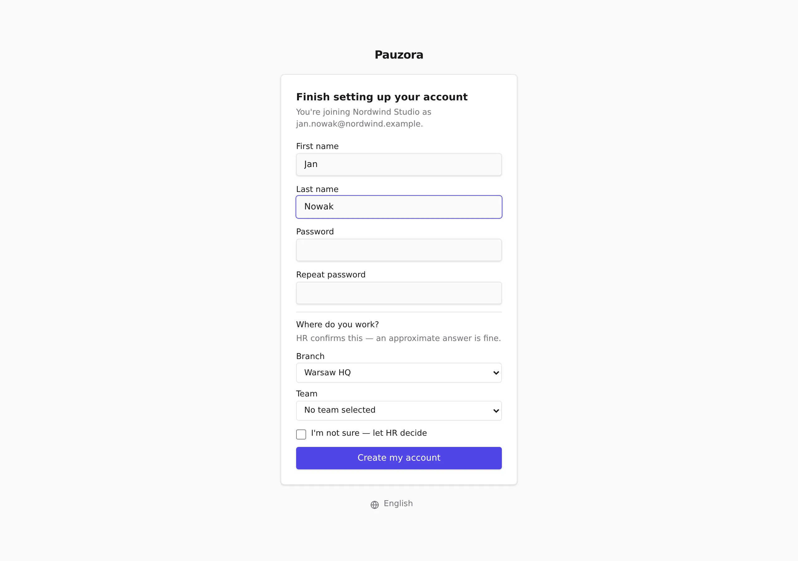 The profile step with name, password, proposed branch and team, and the "I'm not sure" choice