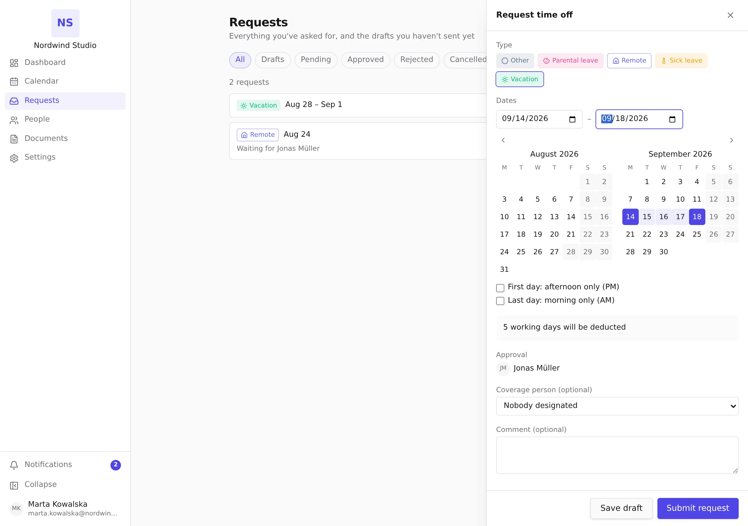 The request sheet footer with Save draft next to Submit request