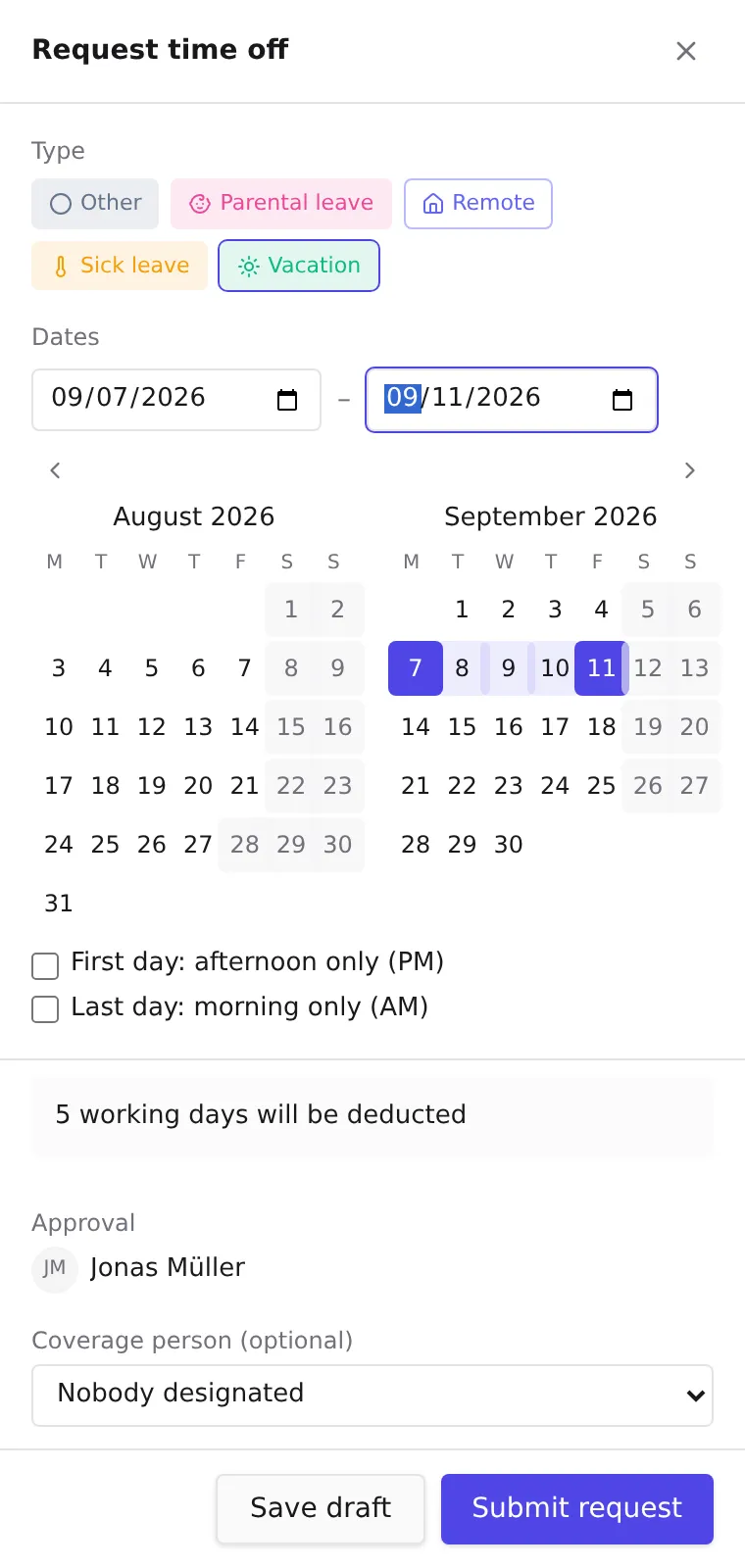 The full-screen request sheet on a phone with the deducted-days panel visible below the dates