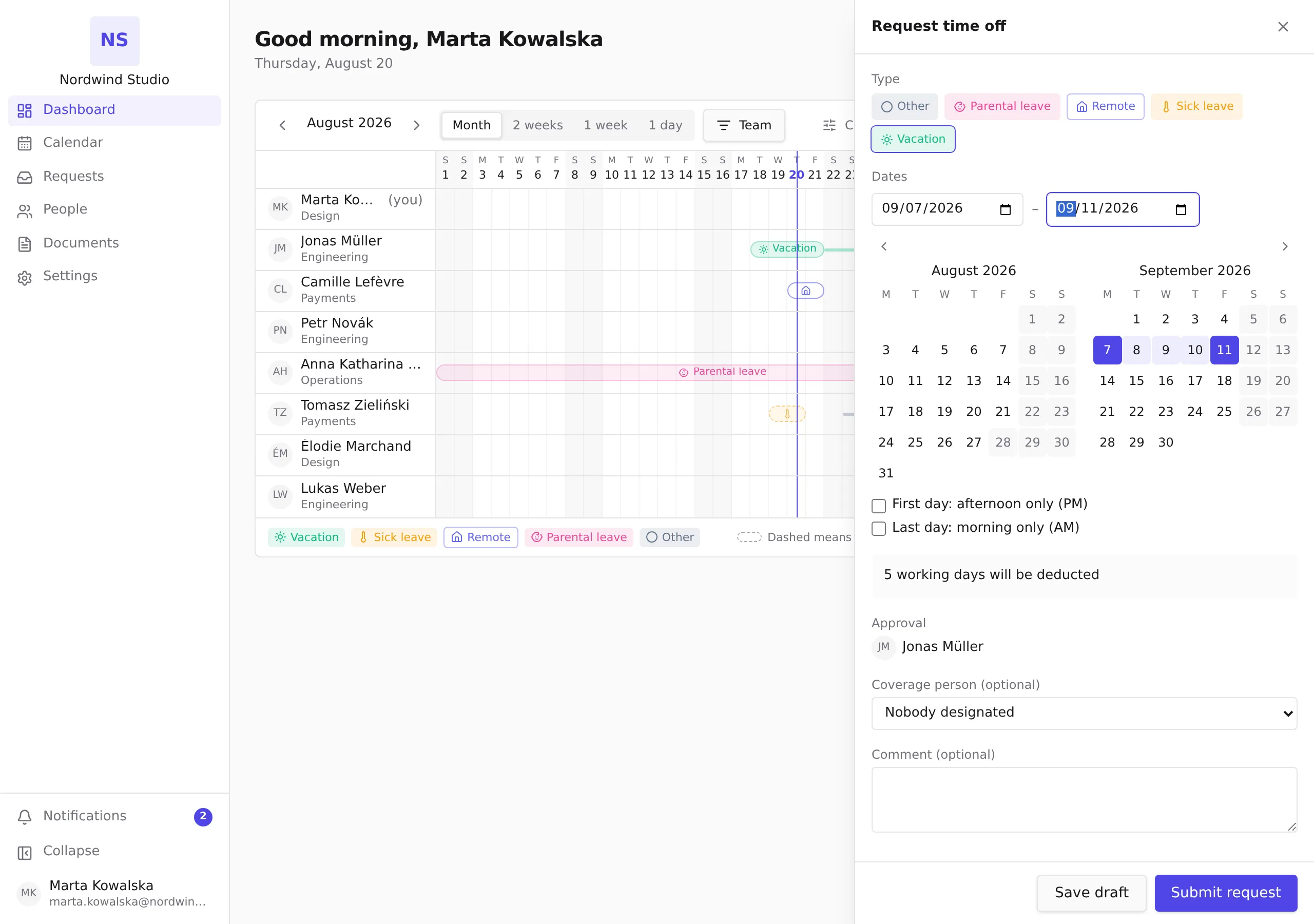 The request sheet with the type picker, dates, the live deducted-days panel, approval preview and coverage person