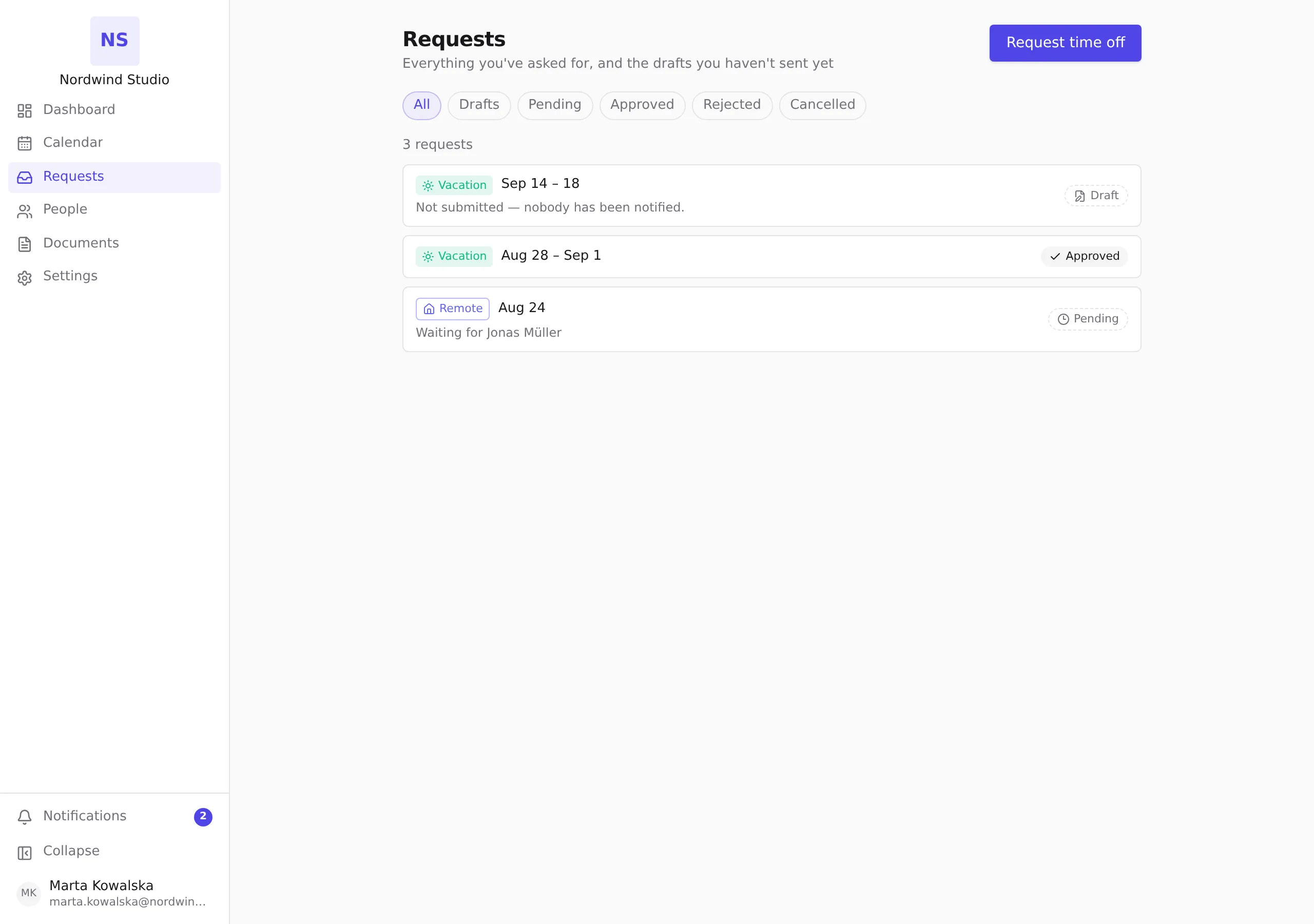 The Requests screen listing a draft, an approved request and a pending one, with the status filter above