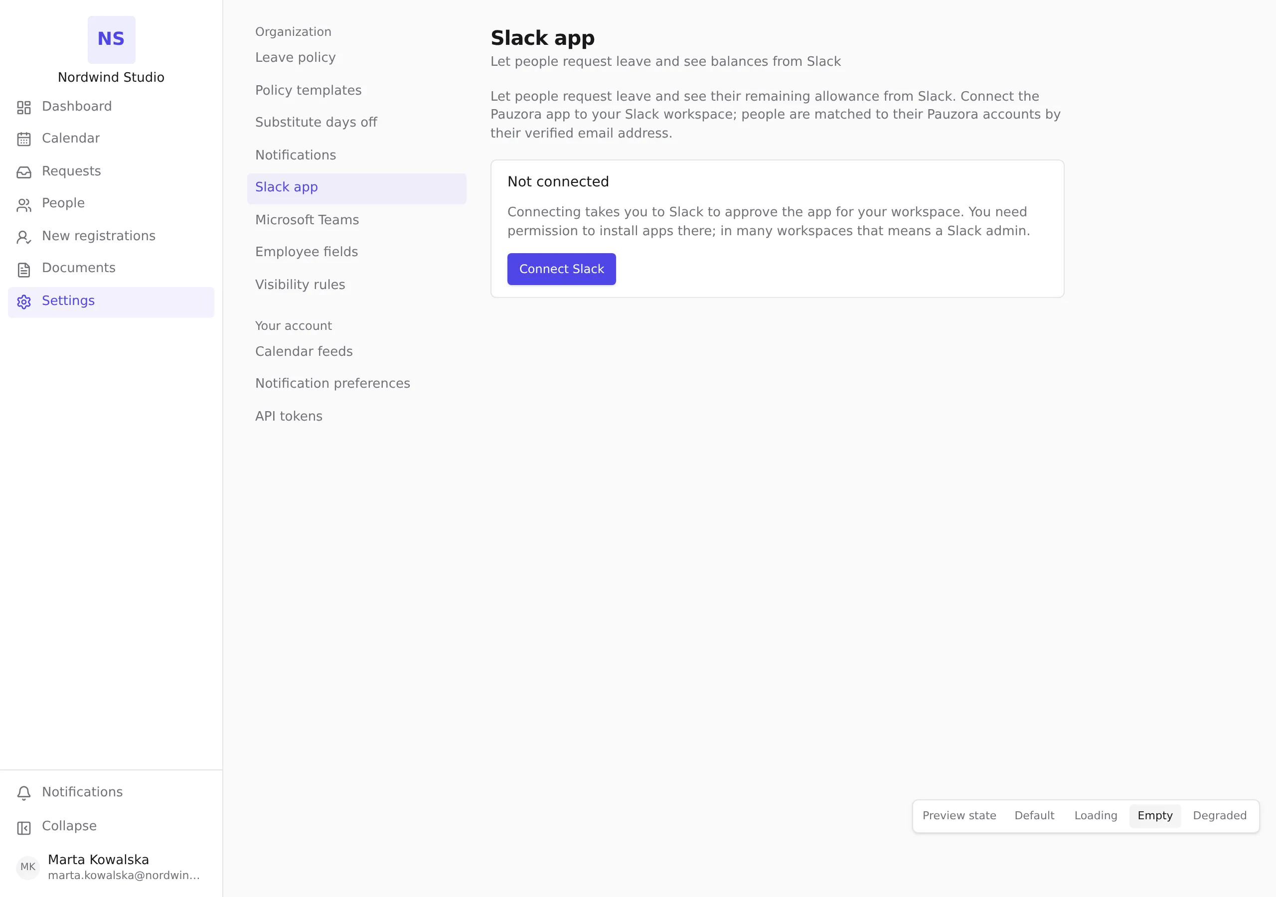 The Slack app section before connecting, with the Connect Slack button