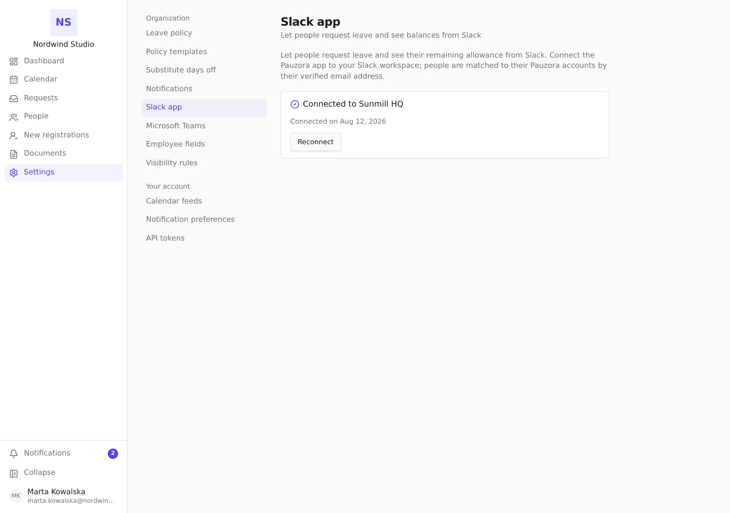 The Slack app section after connecting, naming the workspace and the date