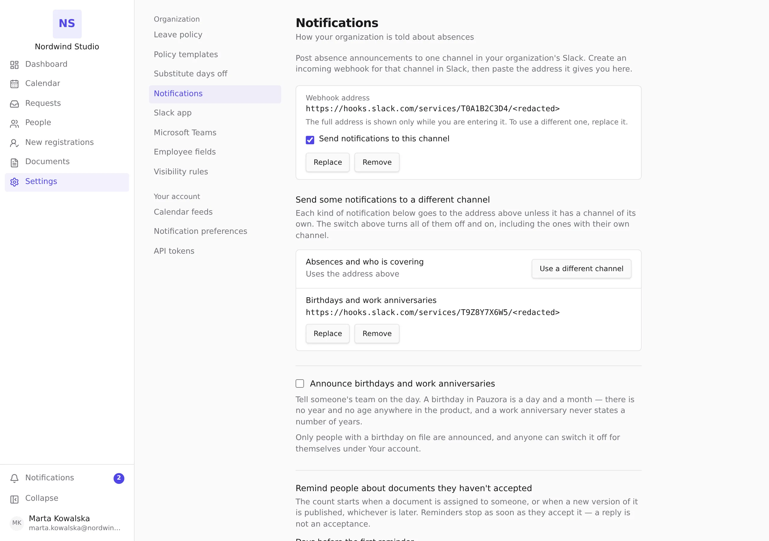 The Notifications section with a webhook address saved and showing masked, the pause switch beneath it, Replace and Remove alongside, and under it the list of kinds of notification — one of them with a channel of its own, also masked