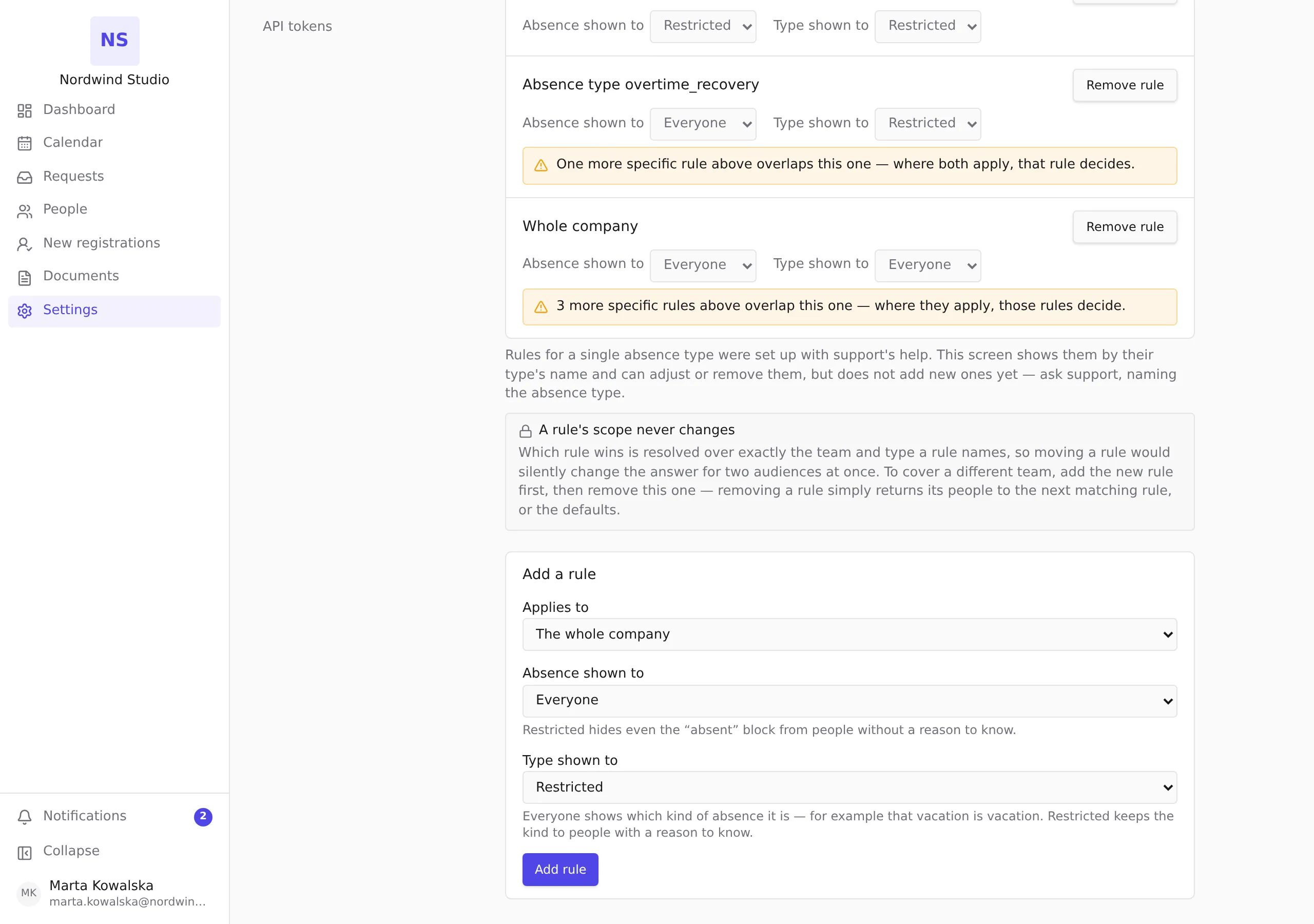 The add-a-rule form with its two audience levels