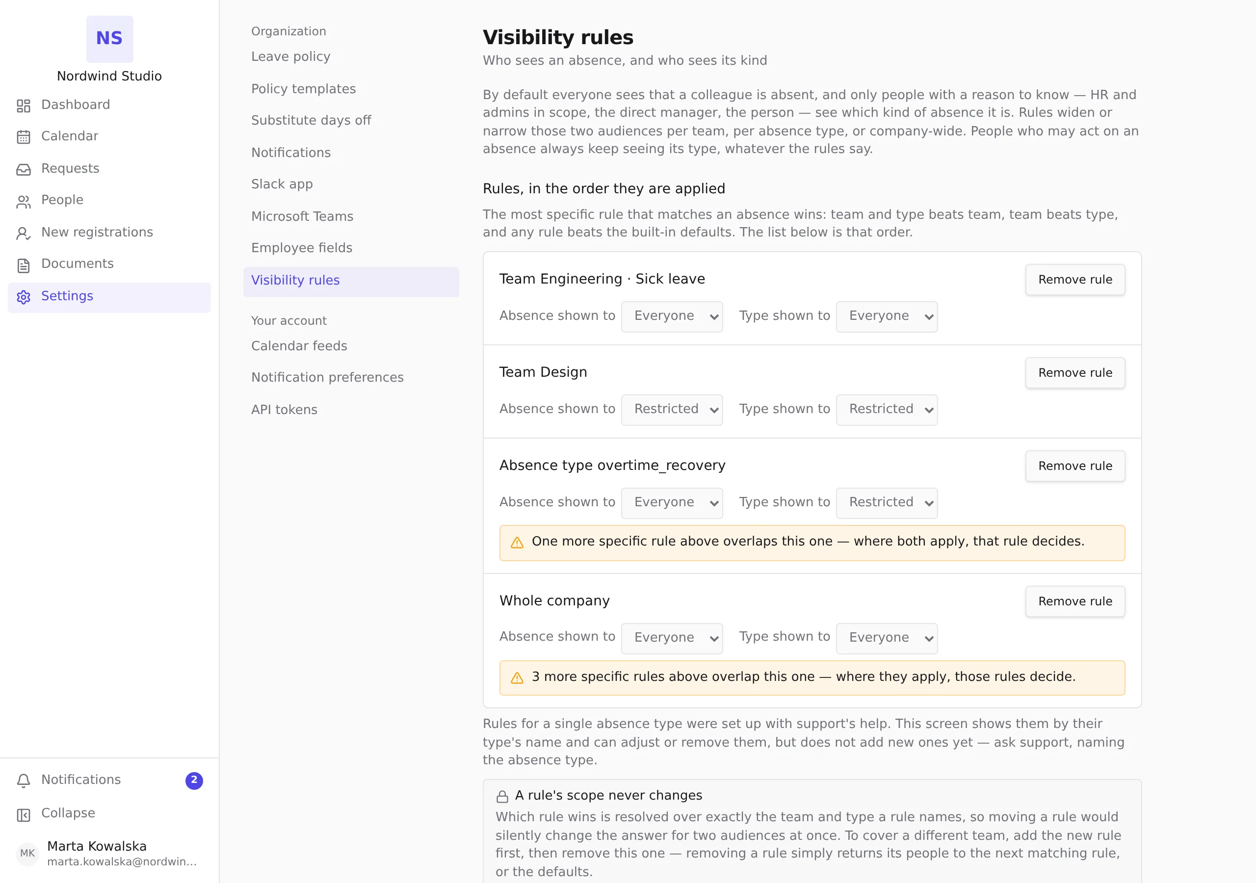 The visibility rules, most specific first, with an overlap warning